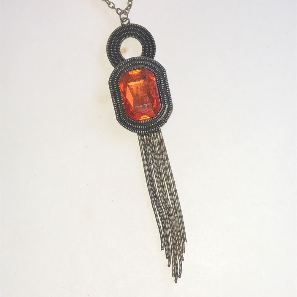 Boho Orange Gemstone Fringe Pendant Necklace